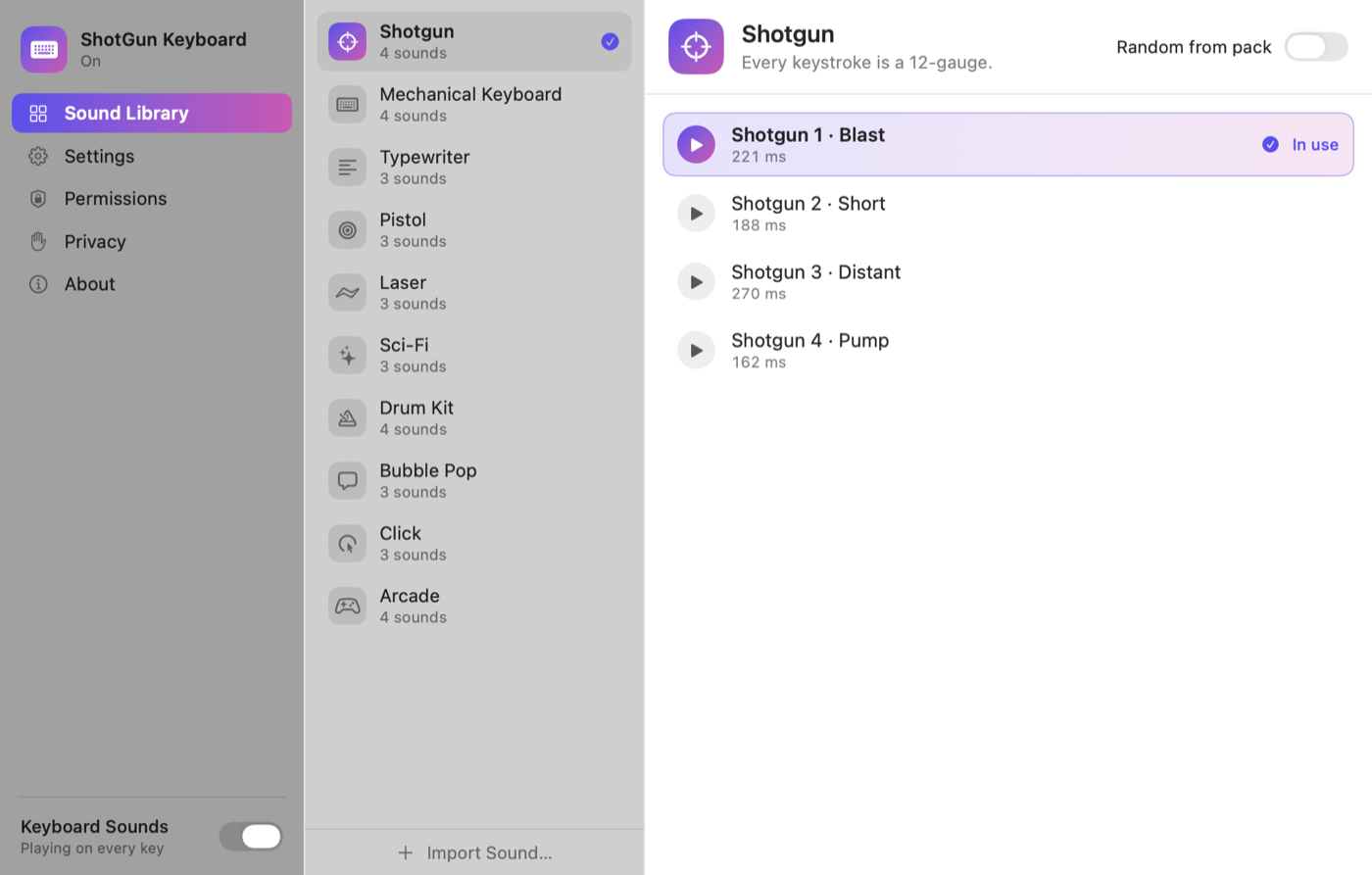 ShotGun Keyboard sound library showing ten sound packs