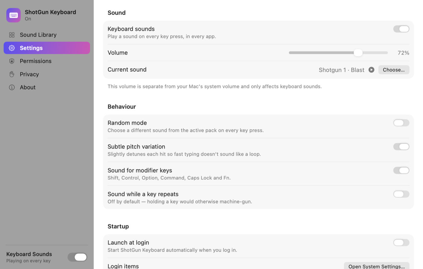 ShotGun Keyboard settings window